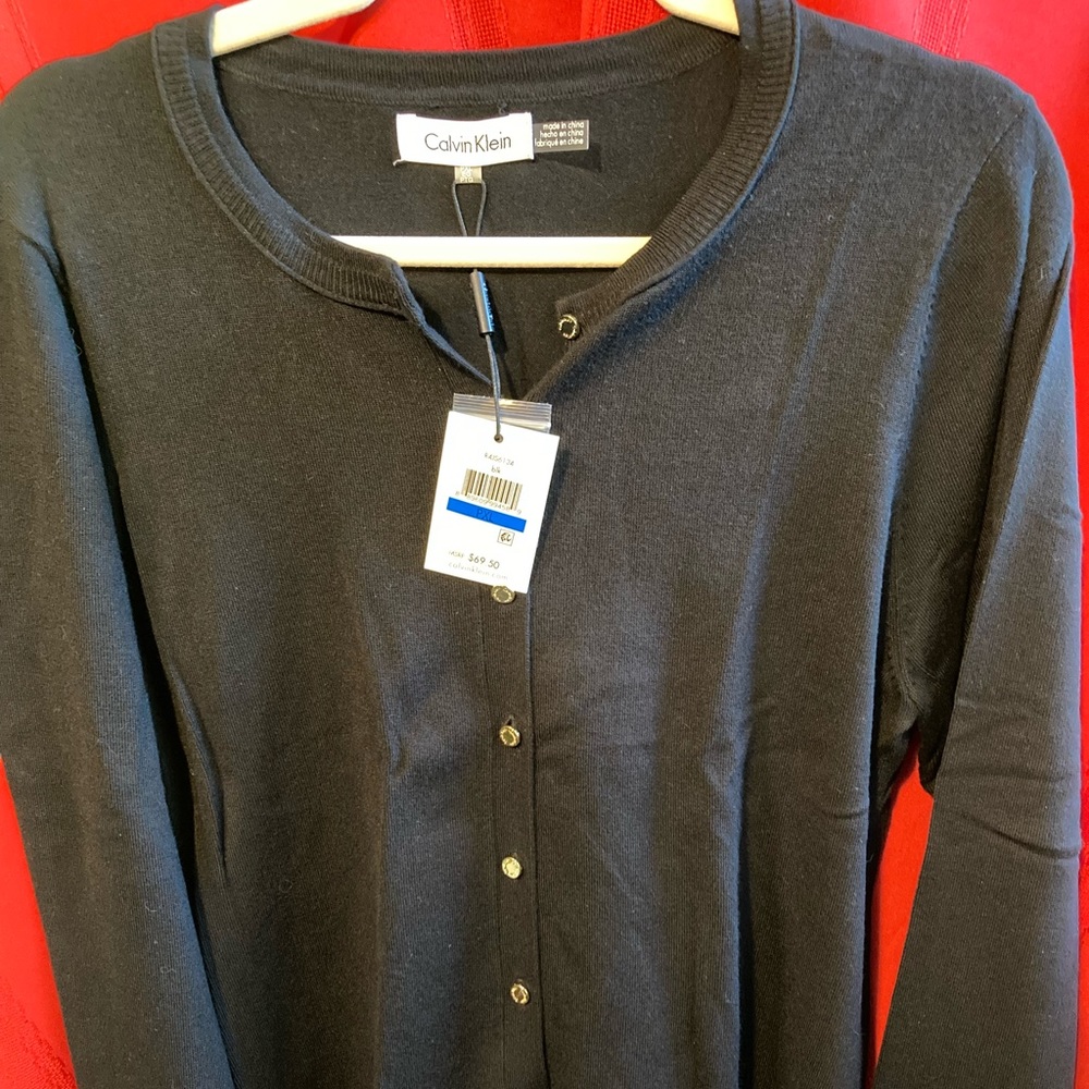 New with tags! Black Calvin Klein sweater! Gold buttons, so soft! Petite-Large